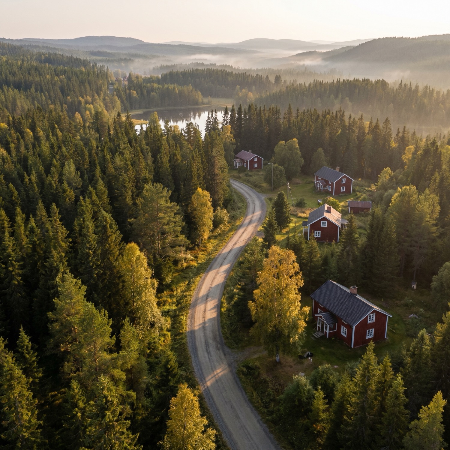 Vägförening i sommarljus — grusväg genom skog vid en sjö